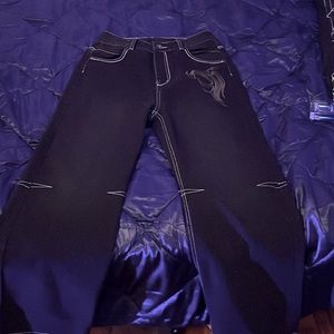 Baggy Black Jeans with Stiched feathers